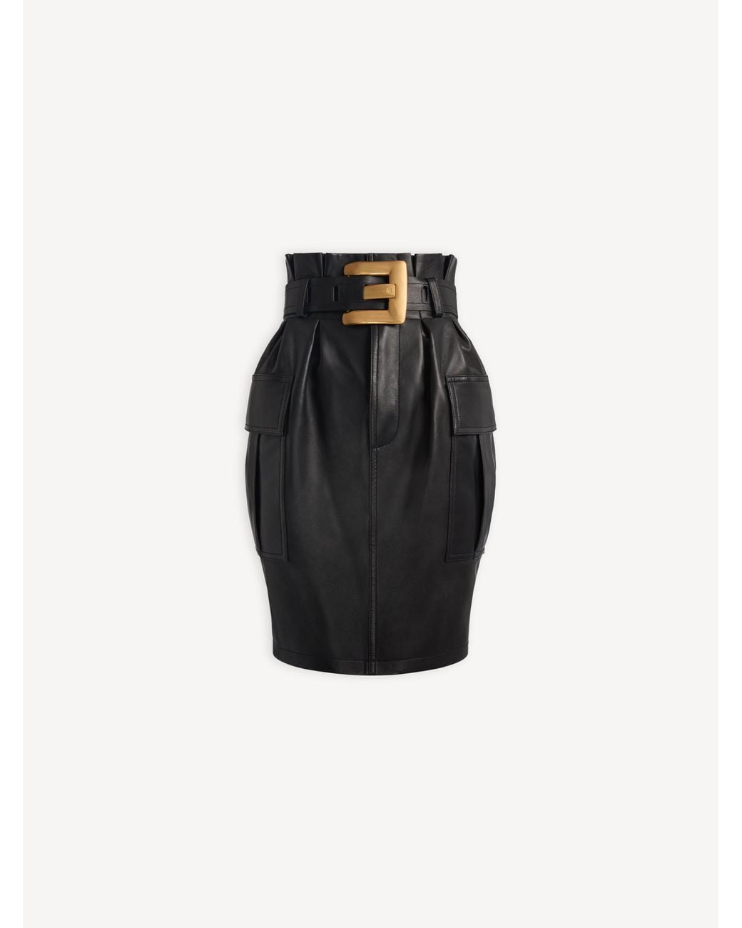 Balmain Black Belted Lambskin Skirt