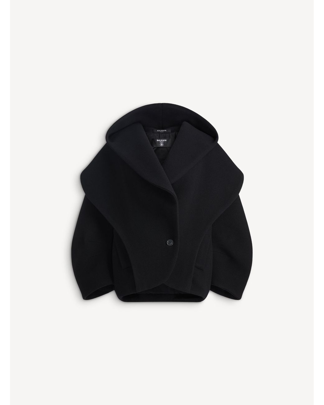 Balmain Black Oversized Wool Pea Coat With Hood