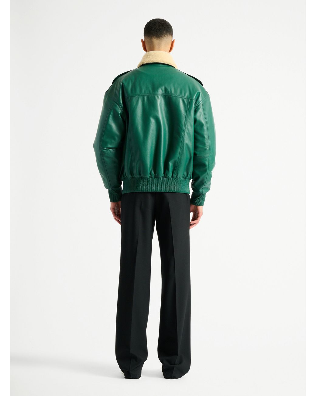 Balmain Green Shearling Leather Bomber Jacket for men