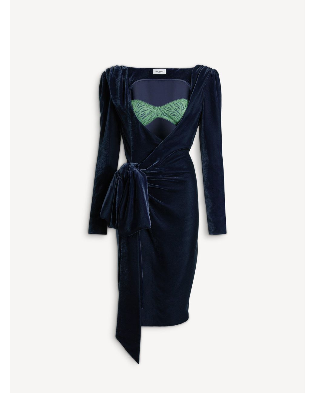 Balmain Blue Velvet Dress With Lace Bra And Tie Detail