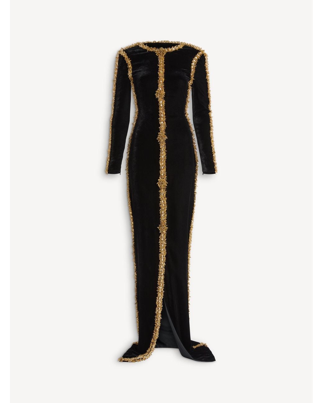 Balmain Black Long Velvet Dress With Embroidered Trim