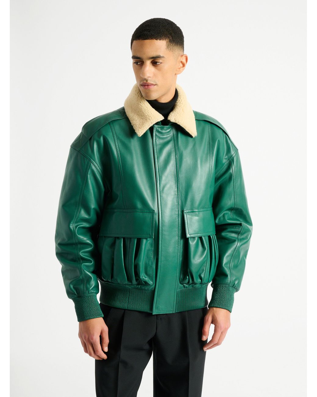 Balmain Green Shearling Leather Bomber Jacket for men