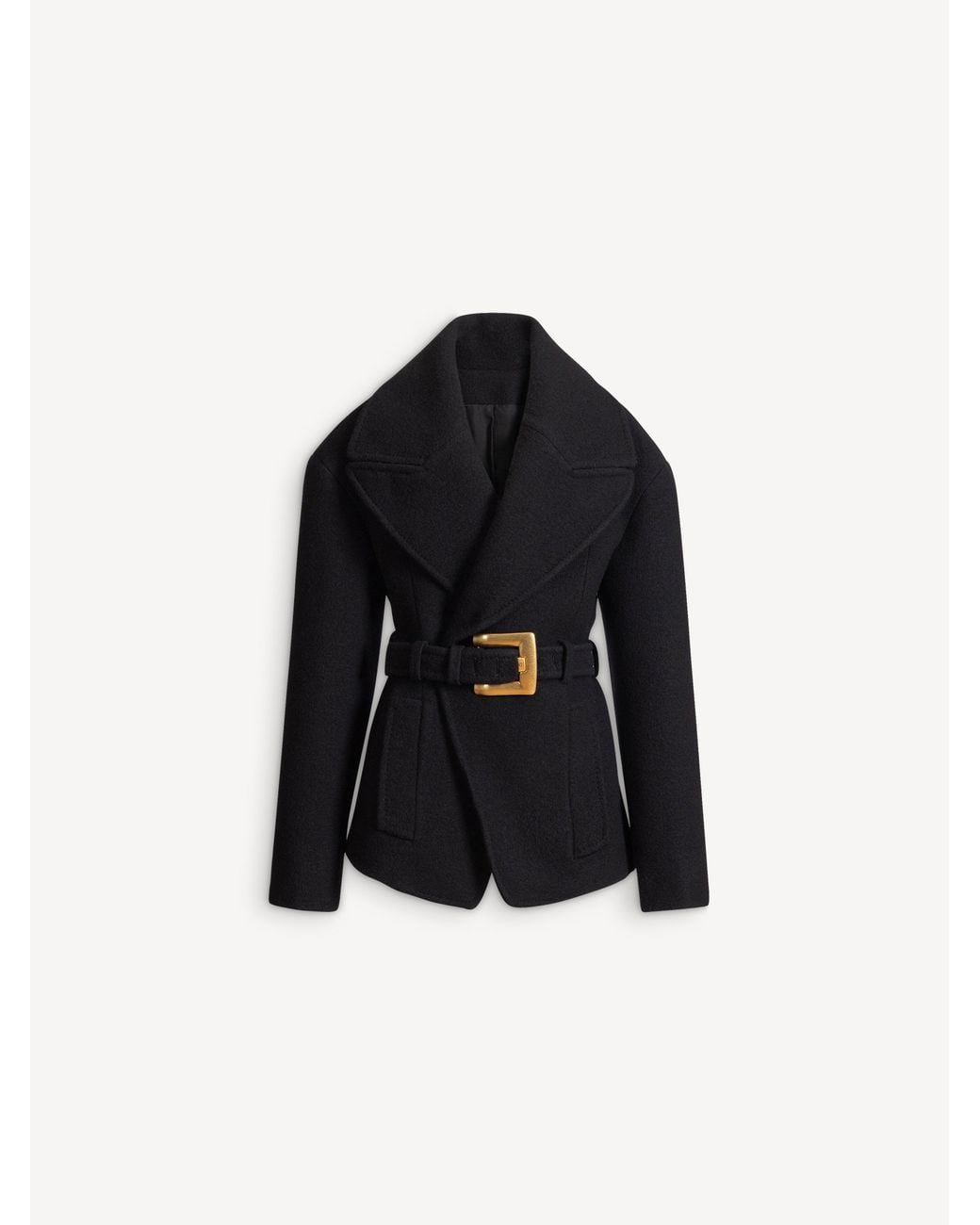 Balmain Black Belted Wool Pea Coat