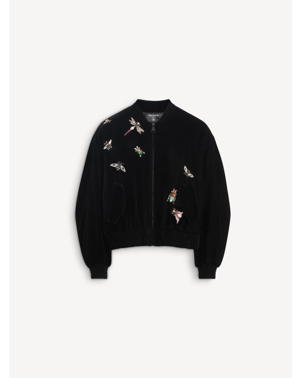 Balmain Black Embroidered Velvet Insect Bomber Jacket for men