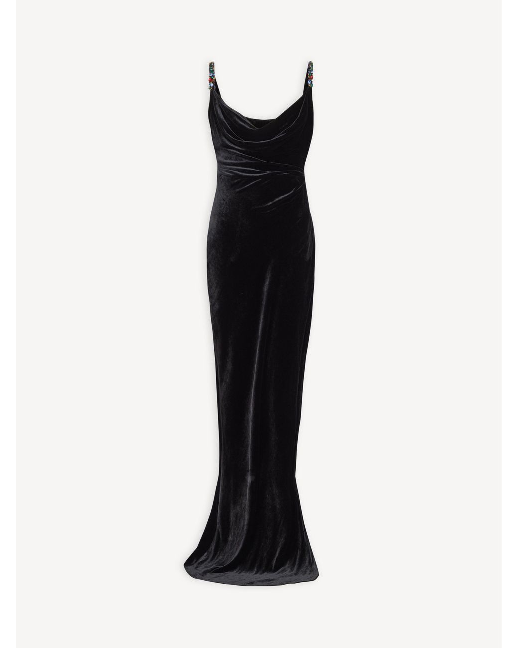 Balmain Black Long Velvet Dress With Embellished Straps