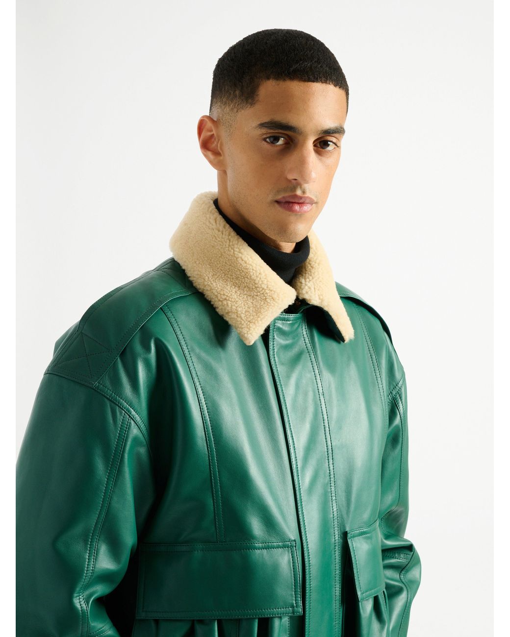 Balmain Green Shearling Leather Bomber Jacket for men