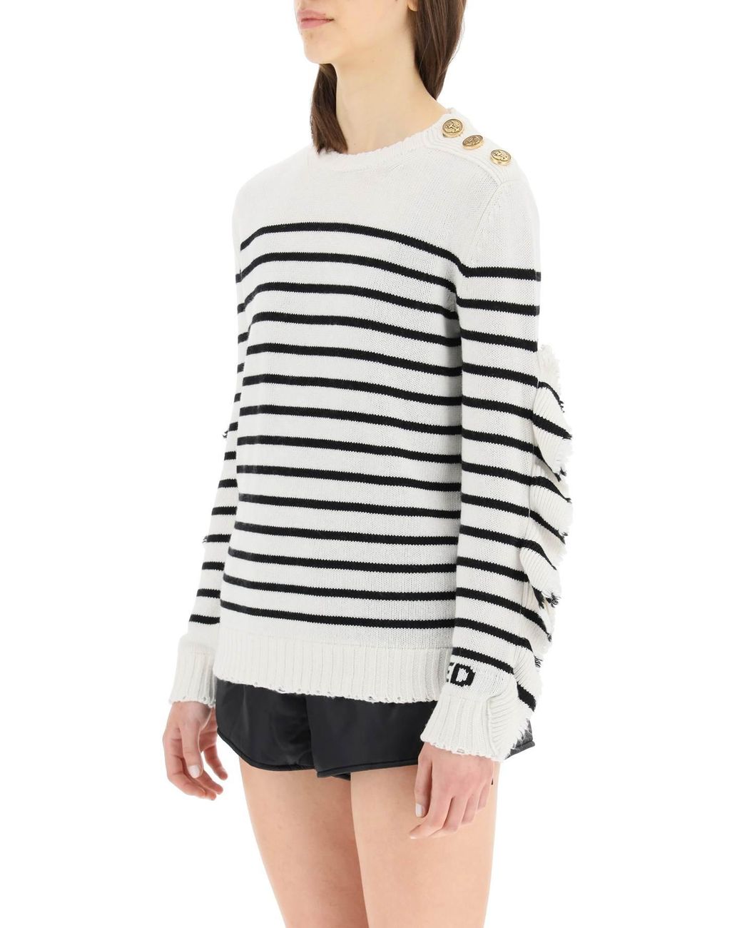 RED Valentino Wool Striped Sweater With Ruffles in Black - Lyst
