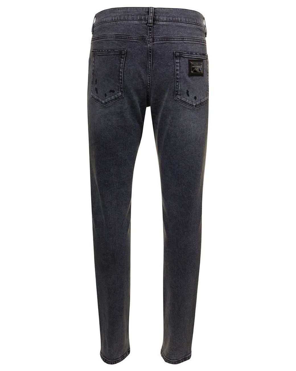 Dolce & Gabbana Grey Five-pockets Slim Jeans With Logo Plaque In Stretch  Cotton Denim Man in Blue for Men | Lyst