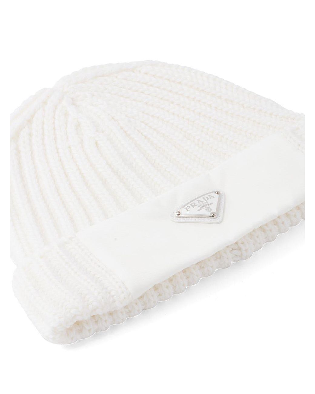Prada Logo embellished Ribbed knit Beanie in White for Men Lyst