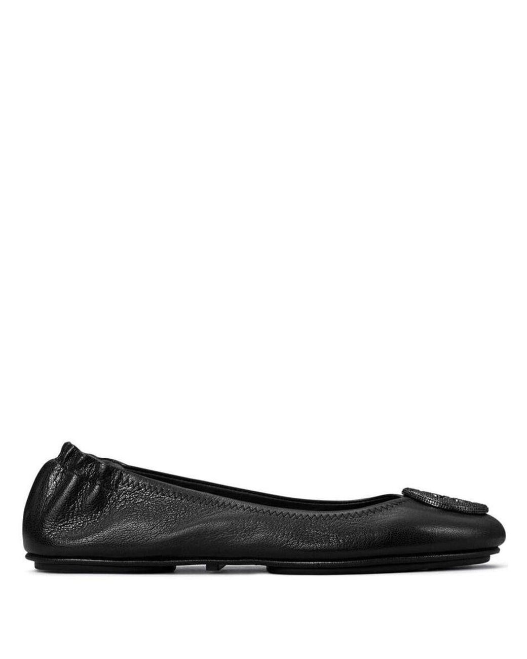 Tory Burch 'minnie' Black Ballet Flats With Crystal Embellished Logo In  Leather Woman | Lyst