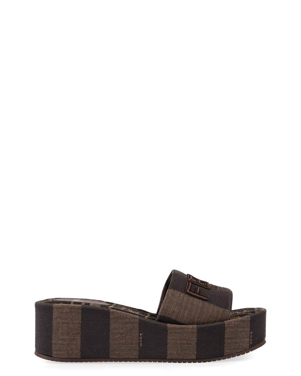 サンダル・ミュール FENDI SANDALO SLIDE FENDI SUNSHINE IN CANVAS Fendi Sunshine Logo Cotton Platform Slides | Saks Fifth Avenue