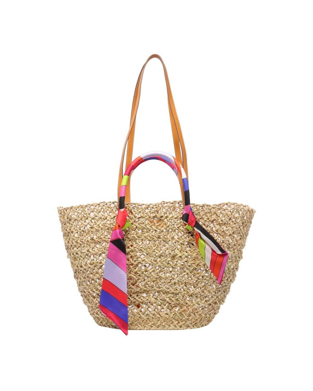 Leather Trimmed Straw Tote in Beige - Pucci
