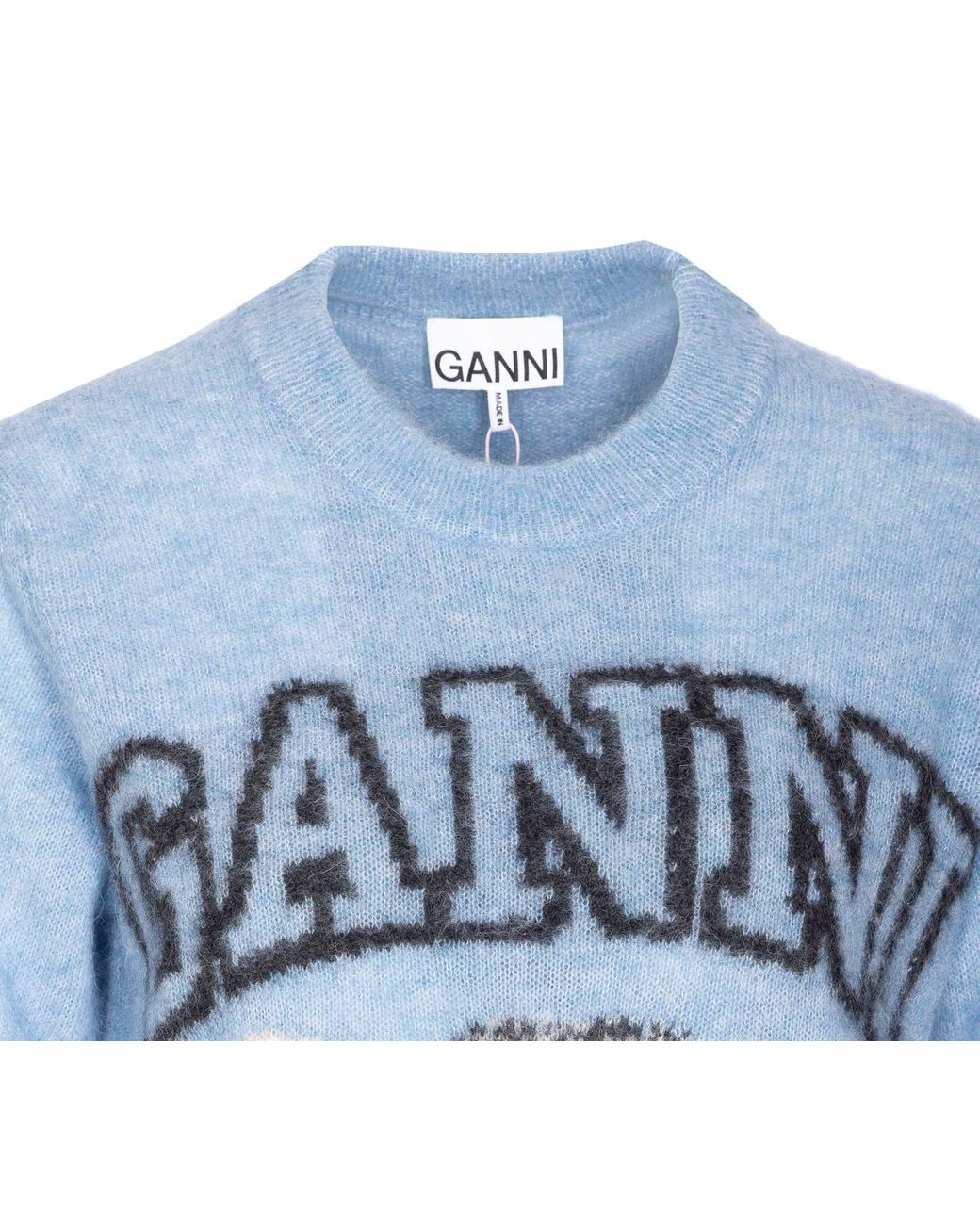 【関税＆送料込み】Ganni Puppies Wool T-Shirt GANNI K2094 BLUE LOGO WOOL MIX O-NECK PULLOVER | Season