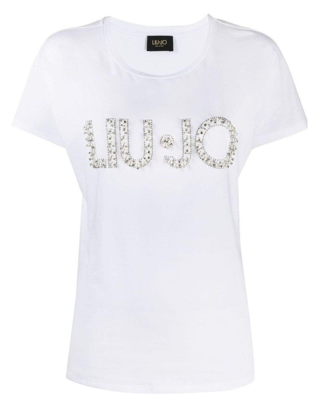Liu Jo Cotton T-shirt With Beaded Logo in White - Lyst
