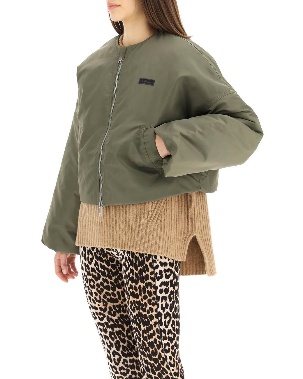 Ganni Cropped Bomber in Green | Lyst