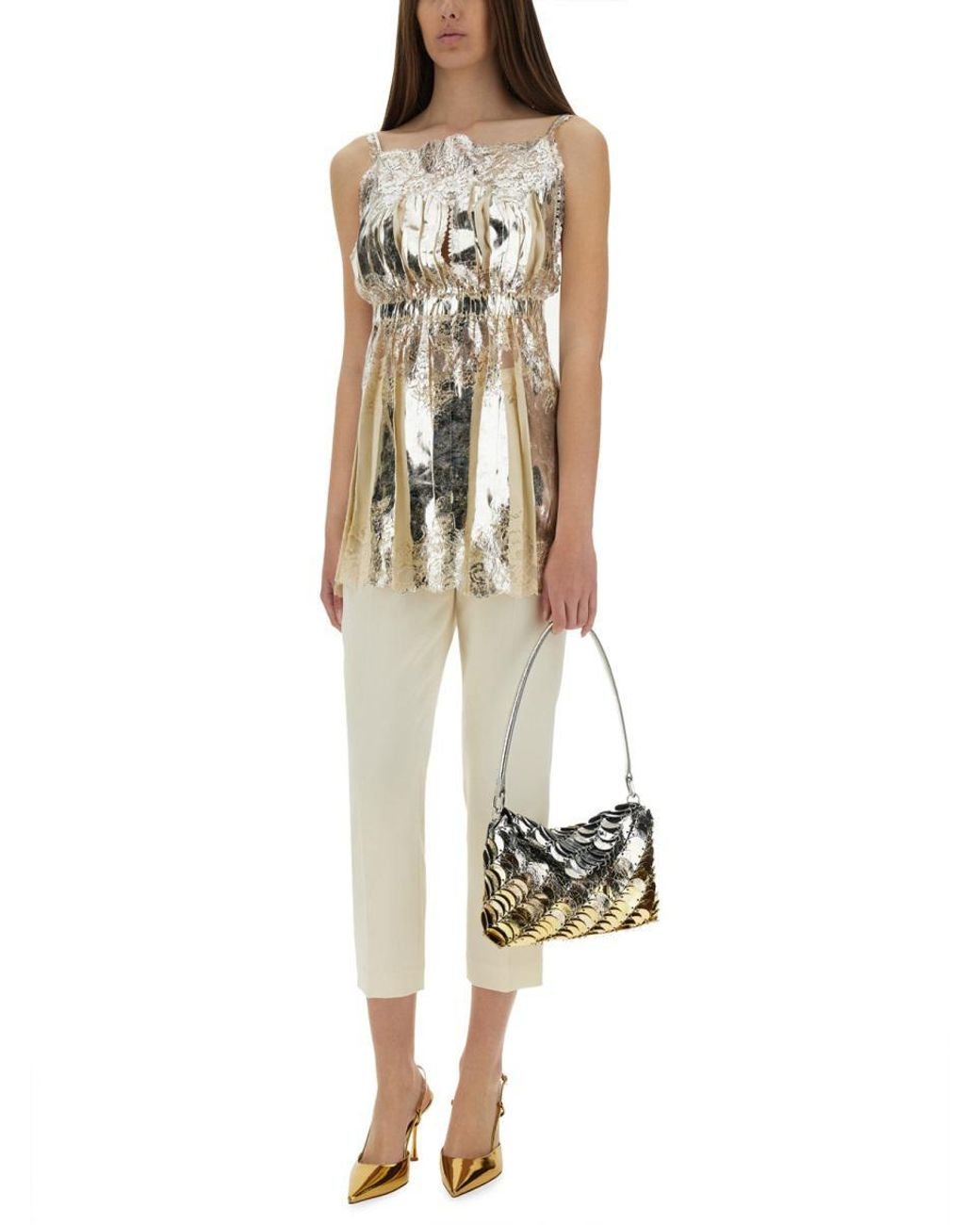 Tシャツ・カットソー RABANNE LAMINATED PLEATED SATIN TOP Rabanne Laminated Pleated Satin Top in Natural | Lyst