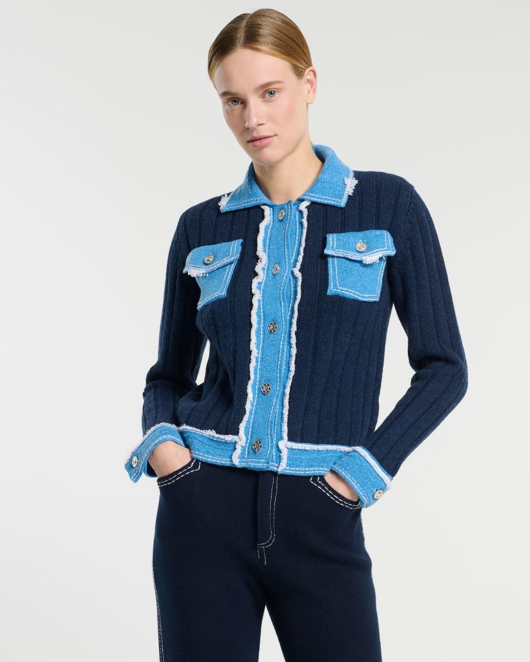 Barrie Blue Denim Jacket In Ribbed Knit