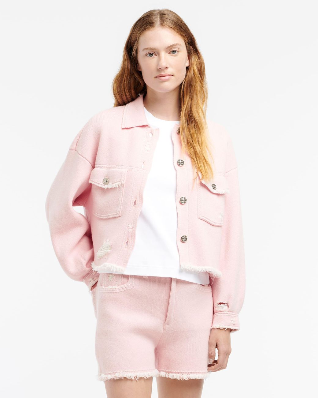 Barrie Pink Denim Fringed Cashmere And Cotton Jacket