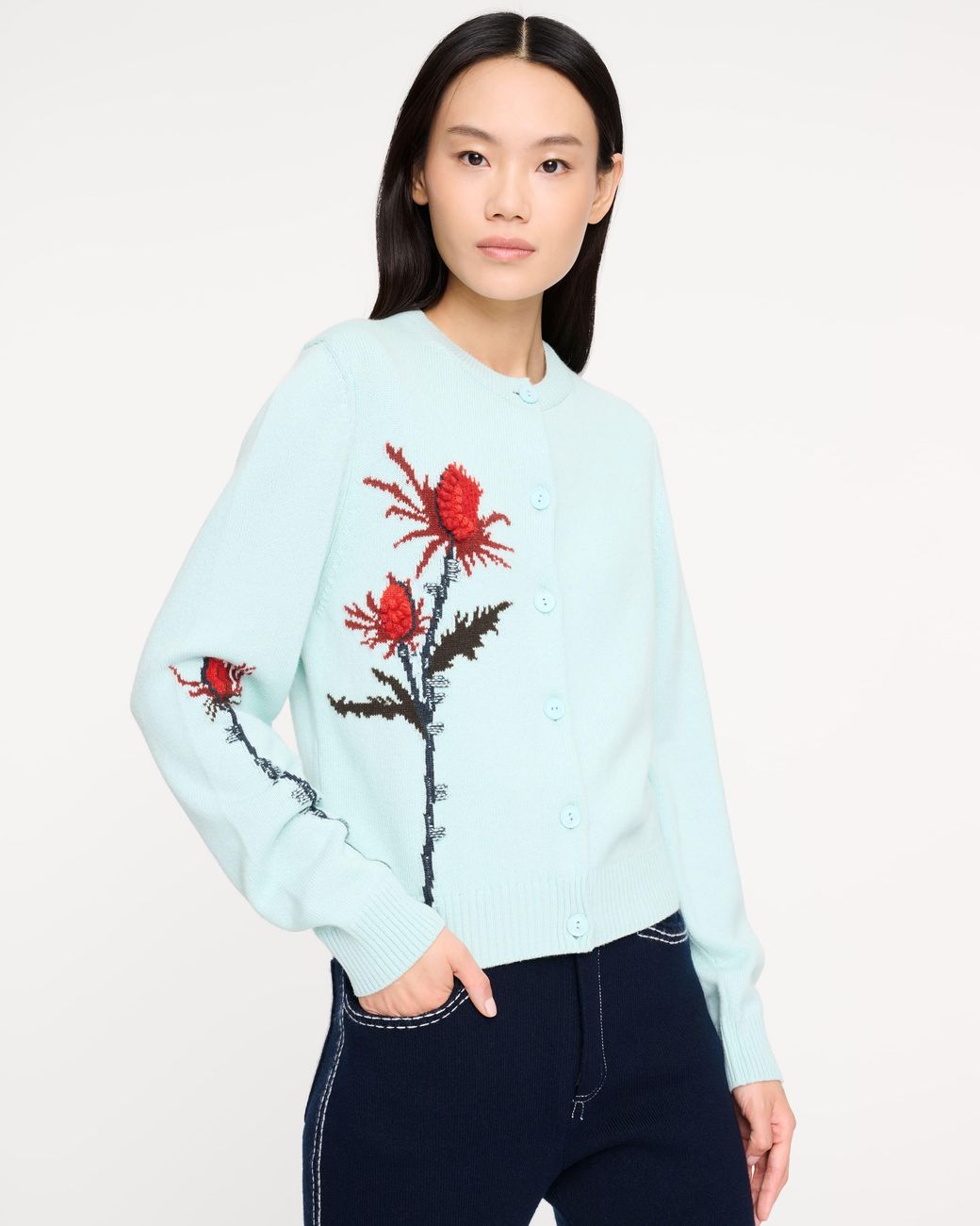 Barrie Blue Thistle Motif Cashmere Cardigan