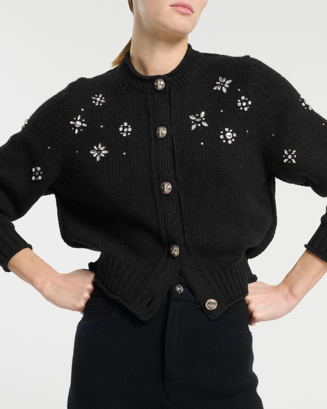 Barrie Black Chunky Cashmere Cardigan With Jewel Detail