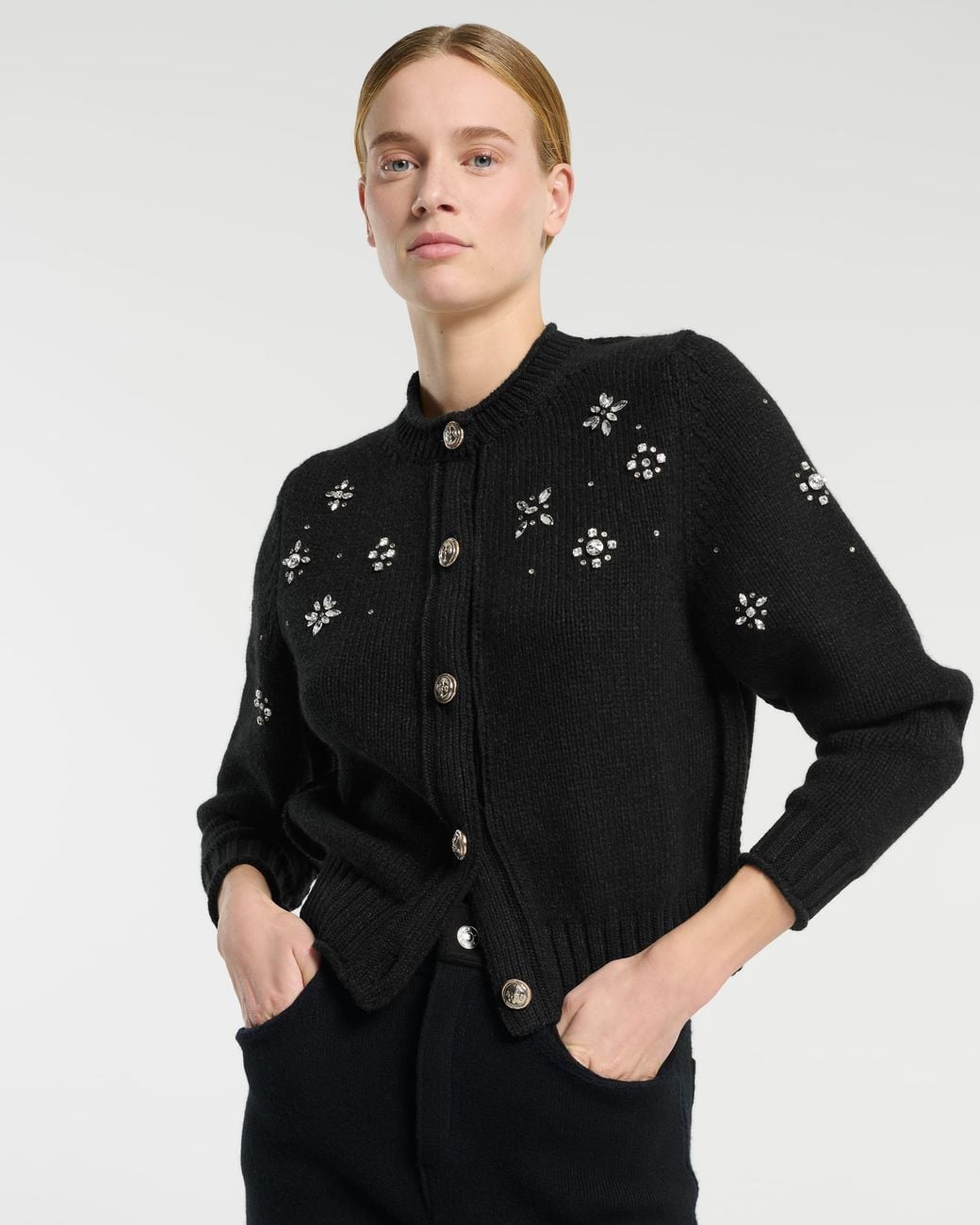 Barrie Black Chunky Cashmere Cardigan With Jewel Detail