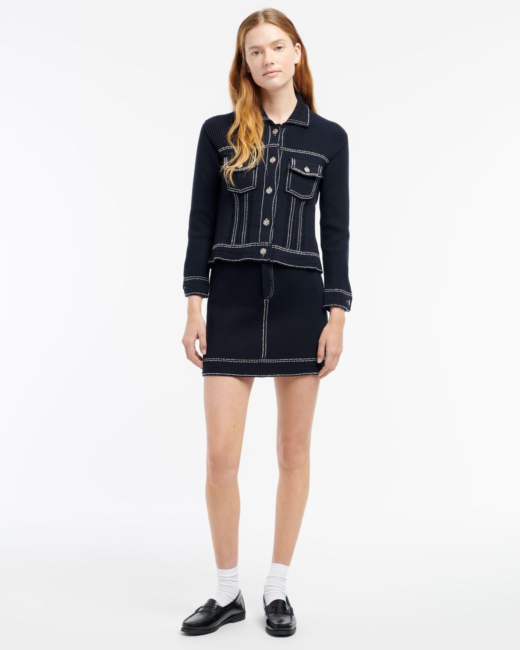 Barrie Blue Denim Cashmere And Cotton Skirt