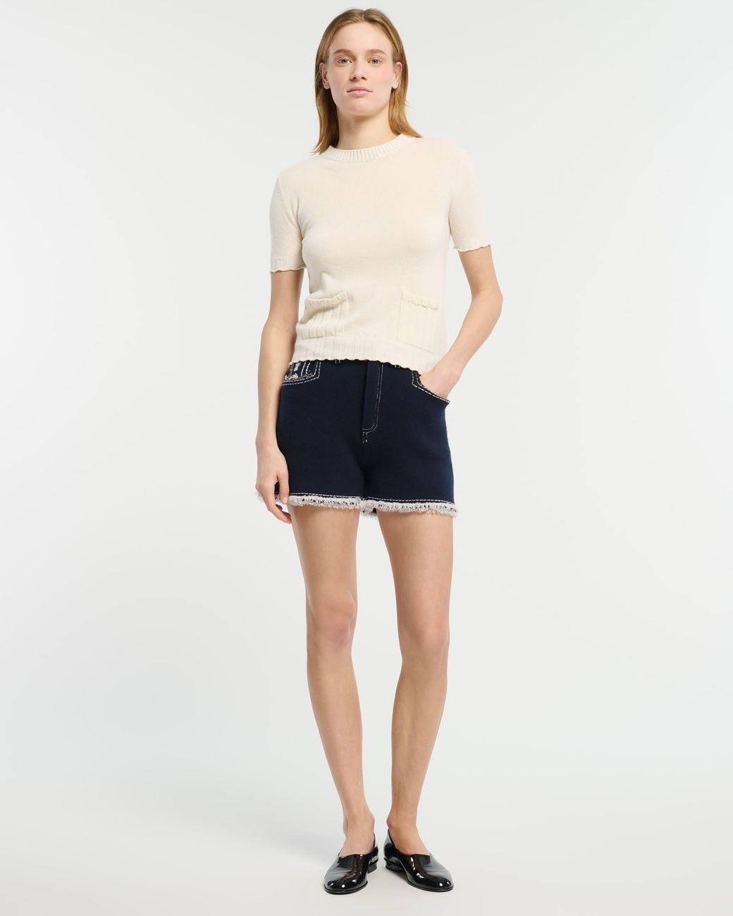 Barrie White Lightweight Cashmere And Cotton Top With Ribbed Detailing