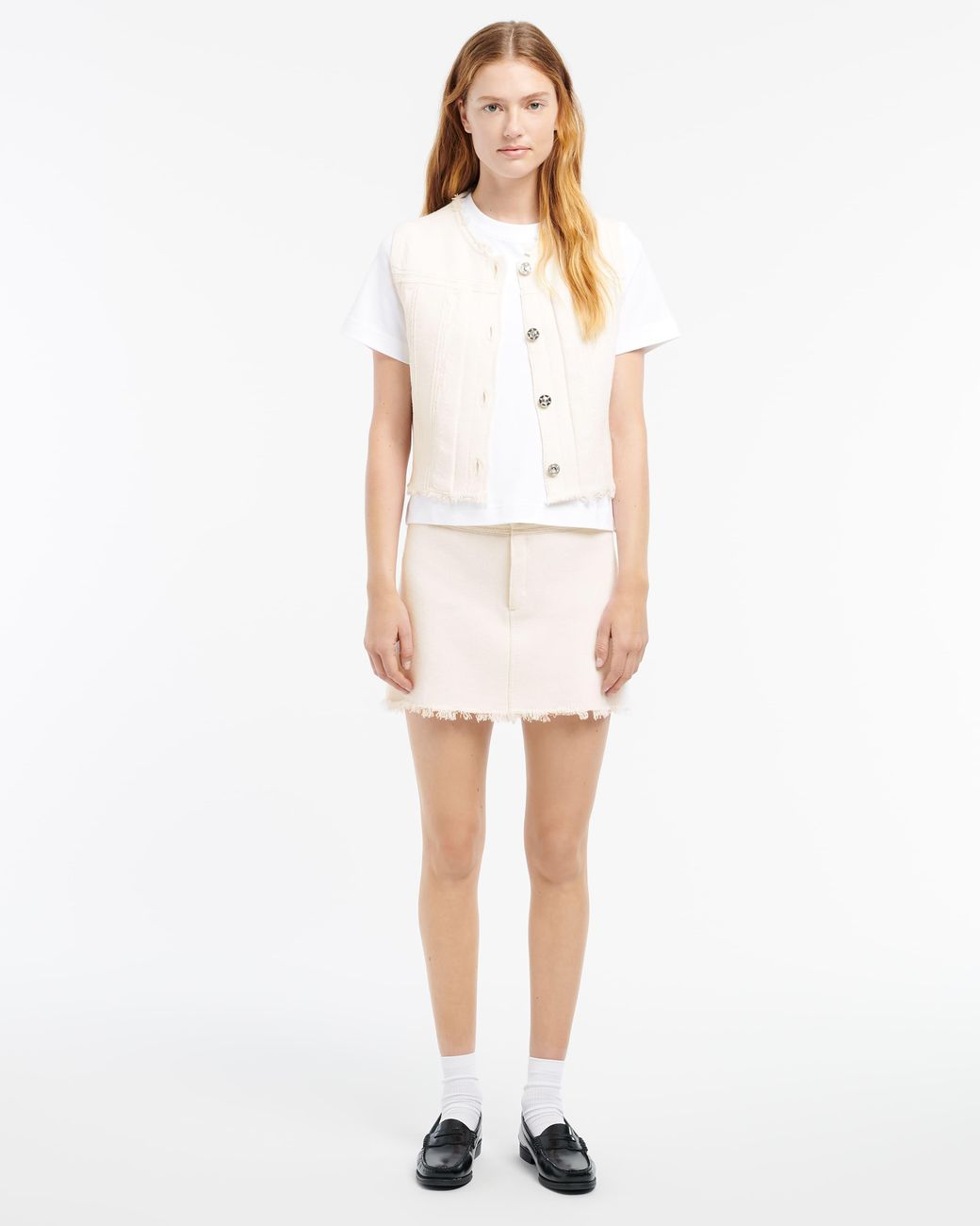 Barrie White Denim Fringed Cashmere And Cotton Sleeveless Jacket