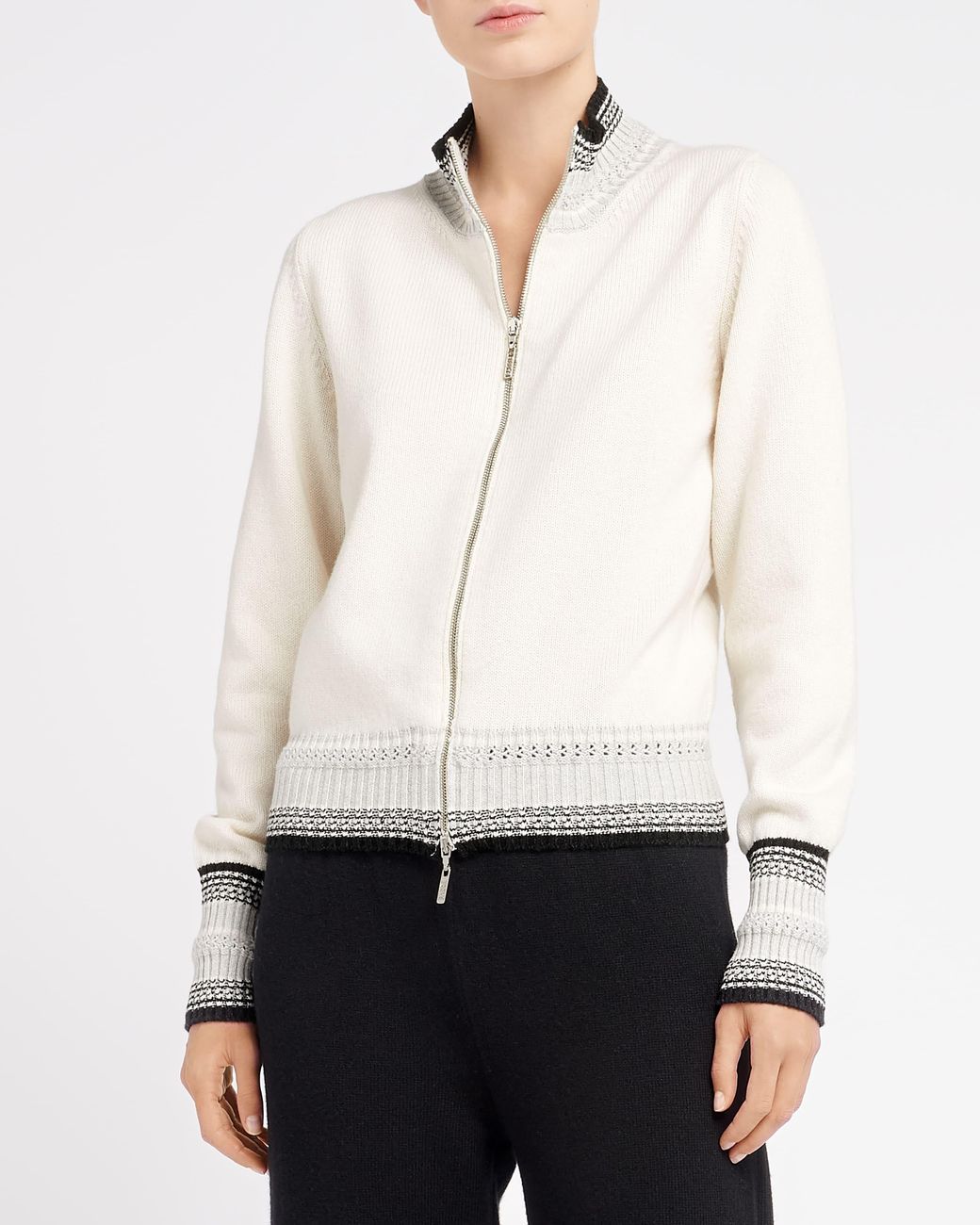 Barrie White Mottled Cashmere Zip-Up Cardigan