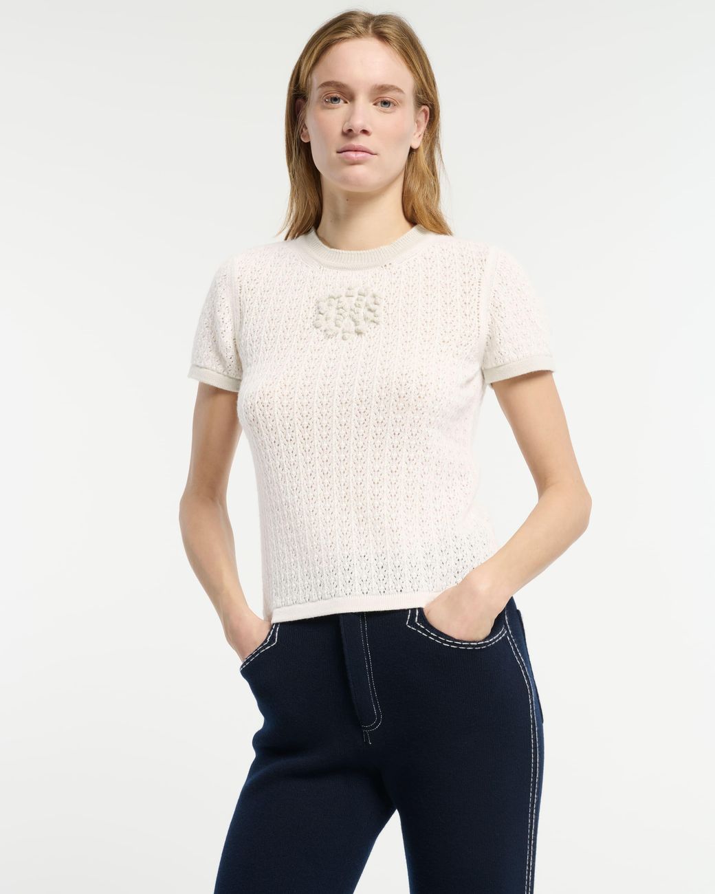 Barrie White Cashmere Lace Top With B Logo