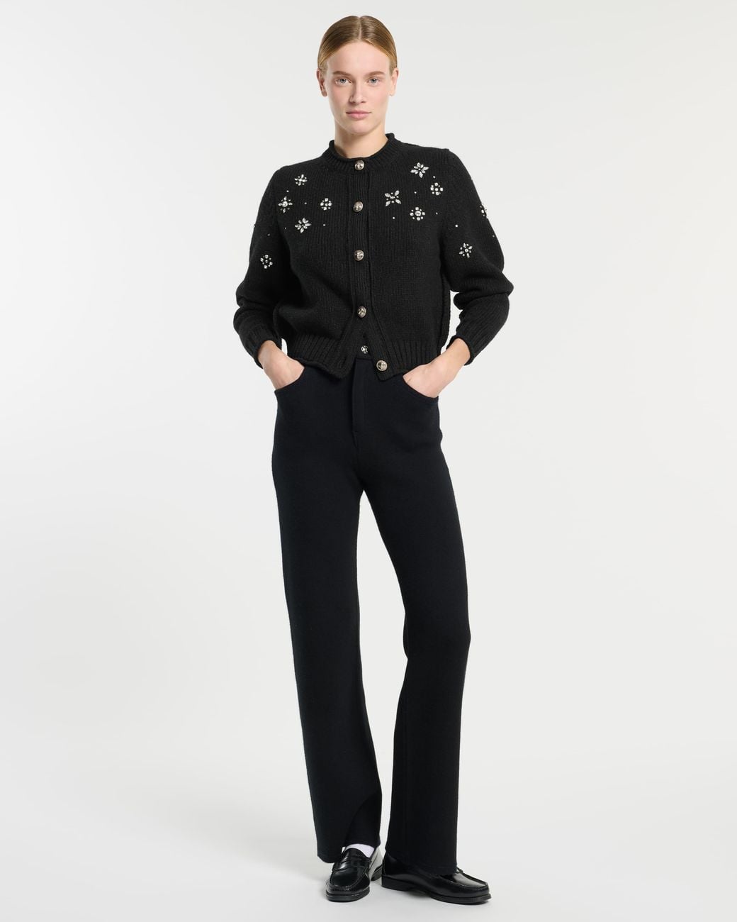 Barrie Black Chunky Cashmere Cardigan With Jewel Detail