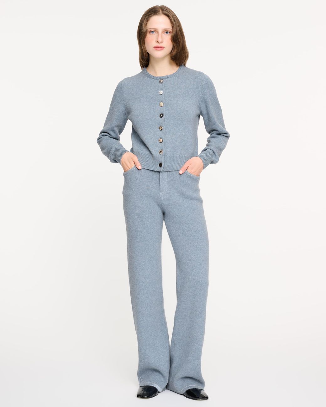 Barrie Blue Cotton And Cashmere Cardigan With Jewelled Buttons