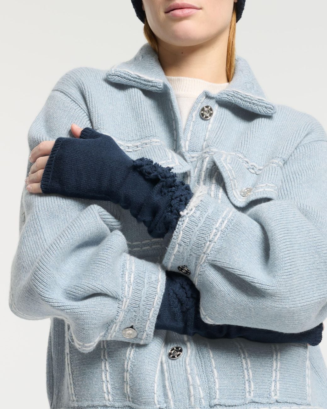 Barrie Blue Cashmere Fingerless Gloves