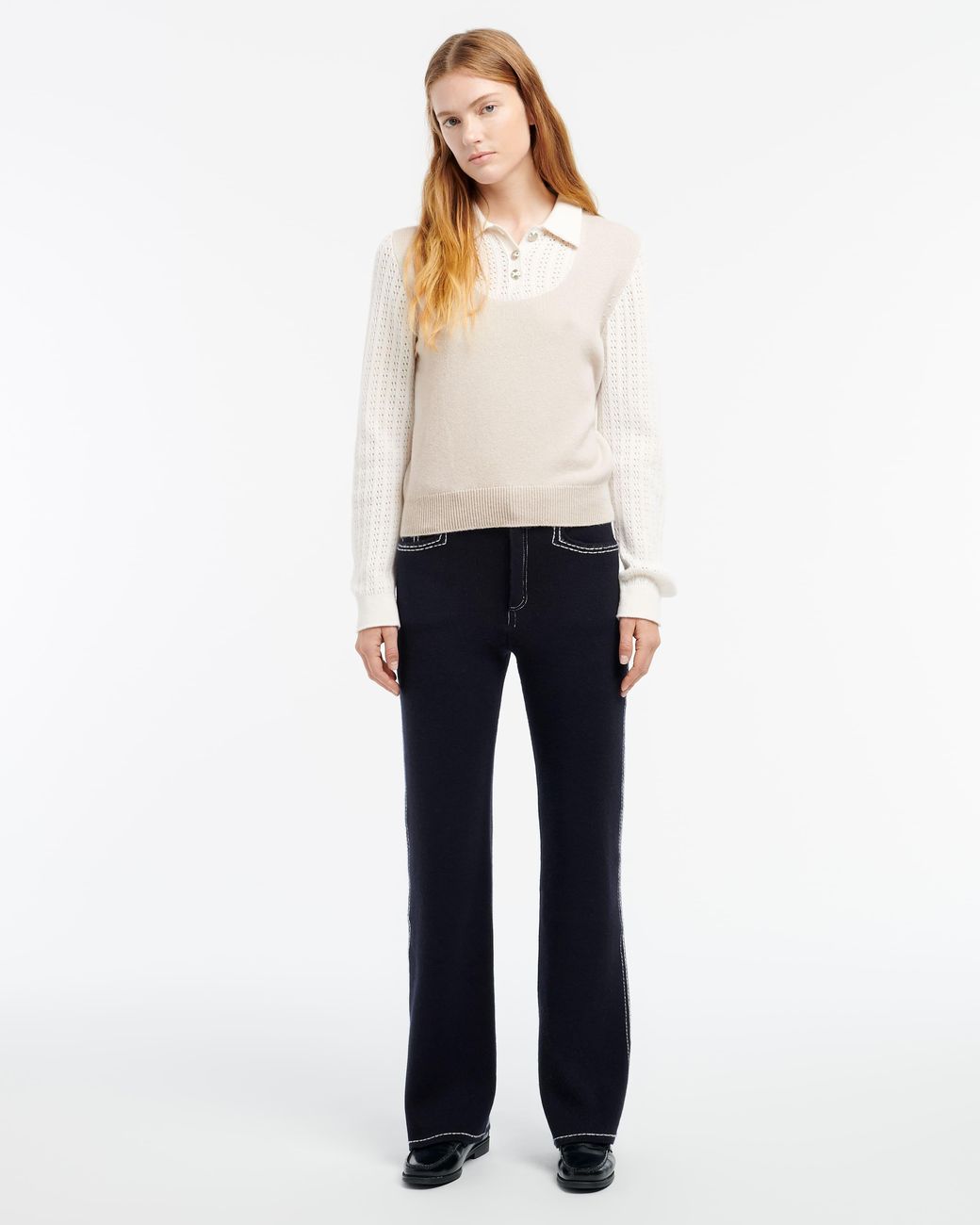 Barrie White Cashmere Lace Jumper With Polo Shirt Collar
