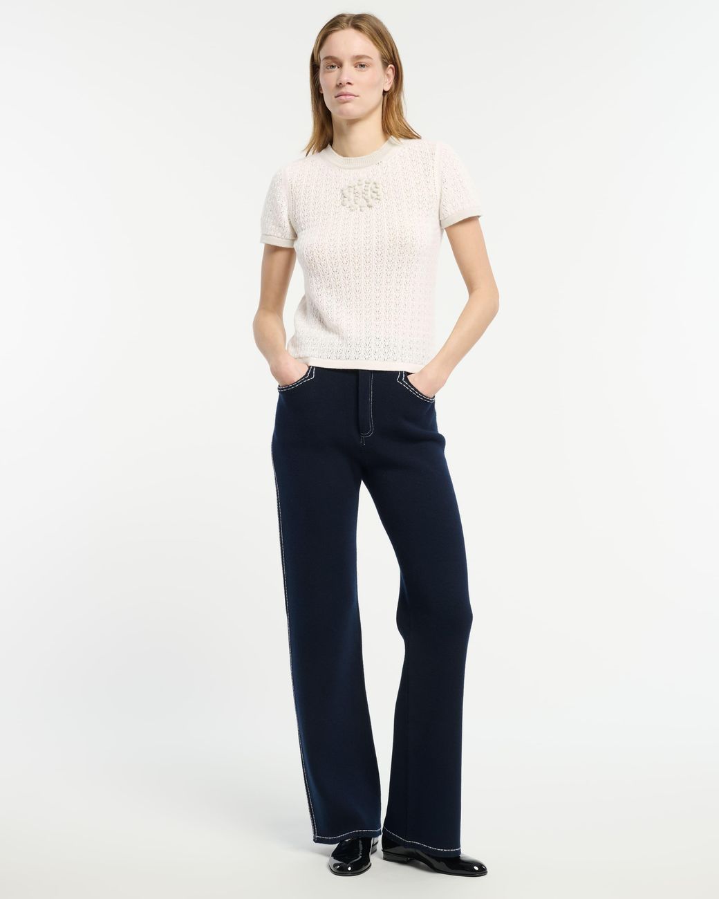 Barrie White Cashmere Lace Top With B Logo