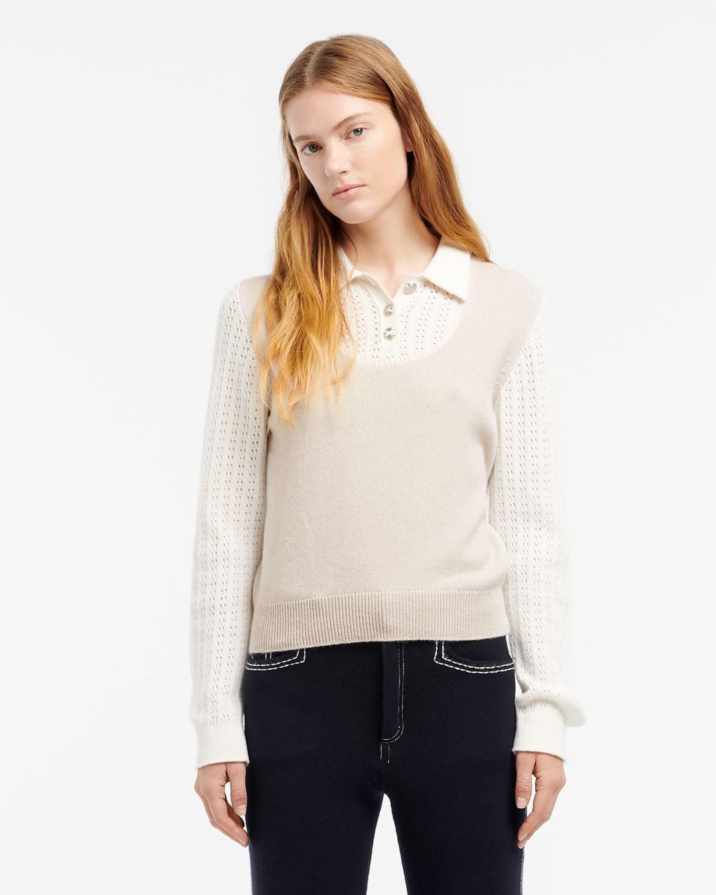Barrie White Cashmere Lace Jumper With Polo Shirt Collar