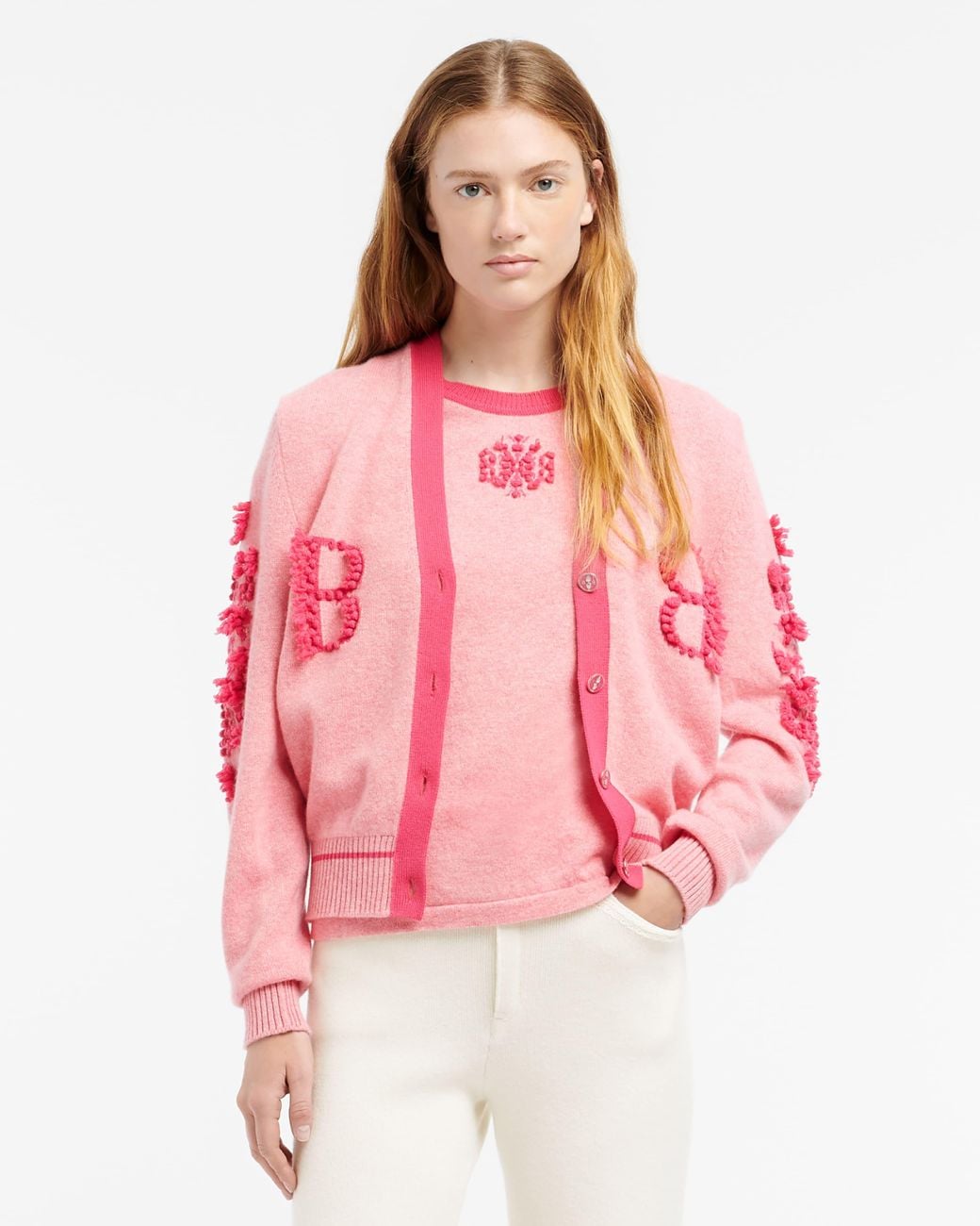 Barrie Pink Mottled Cashmere B Logo V-Neck Cardigan