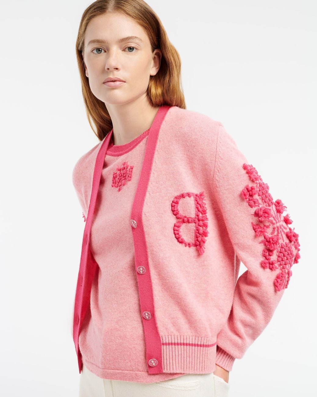 Barrie Pink Mottled Cashmere B Logo V-Neck Cardigan