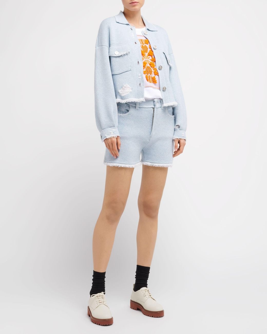 Barrie Blue Denim Fringed Cashmere And Cotton Jacket