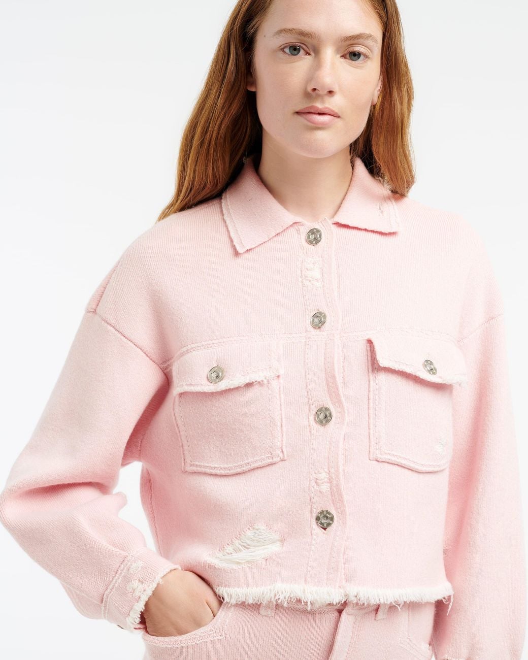 Barrie Pink Denim Fringed Cashmere And Cotton Jacket