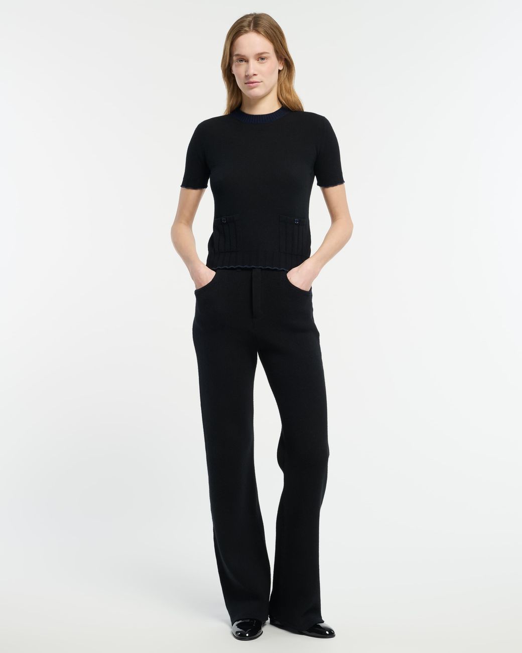 Barrie Black Lightweight Cashmere And Cotton Top With Ribbed Detailing