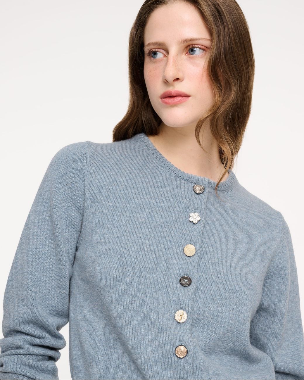 Barrie Blue Cotton And Cashmere Cardigan With Jewelled Buttons