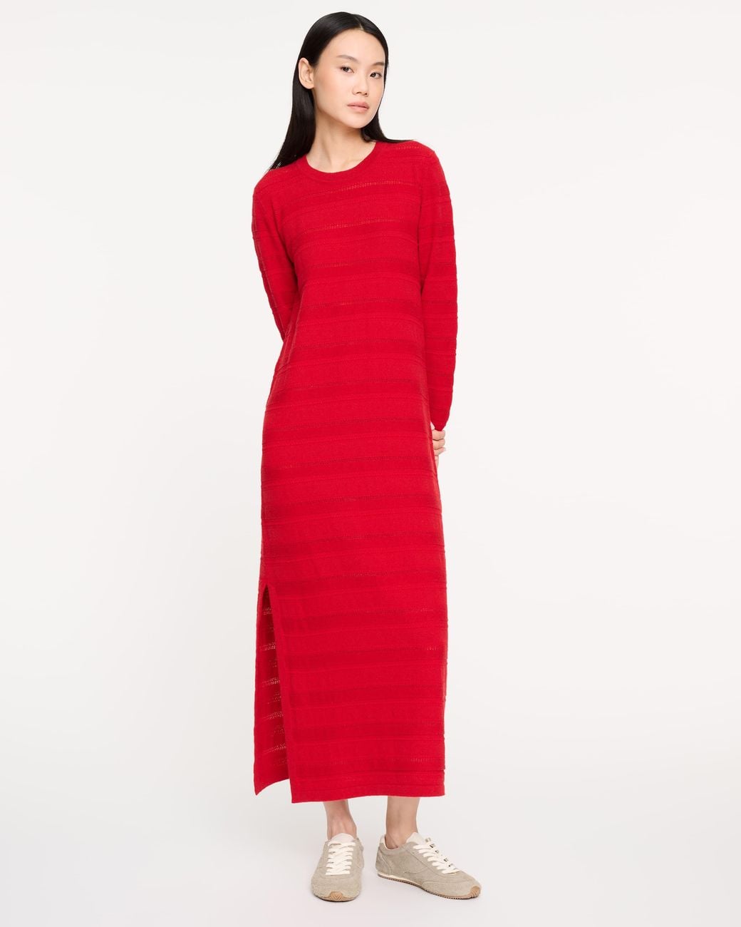 Barrie Red Long Cashmere And Cotton Dress With Lace Stripes