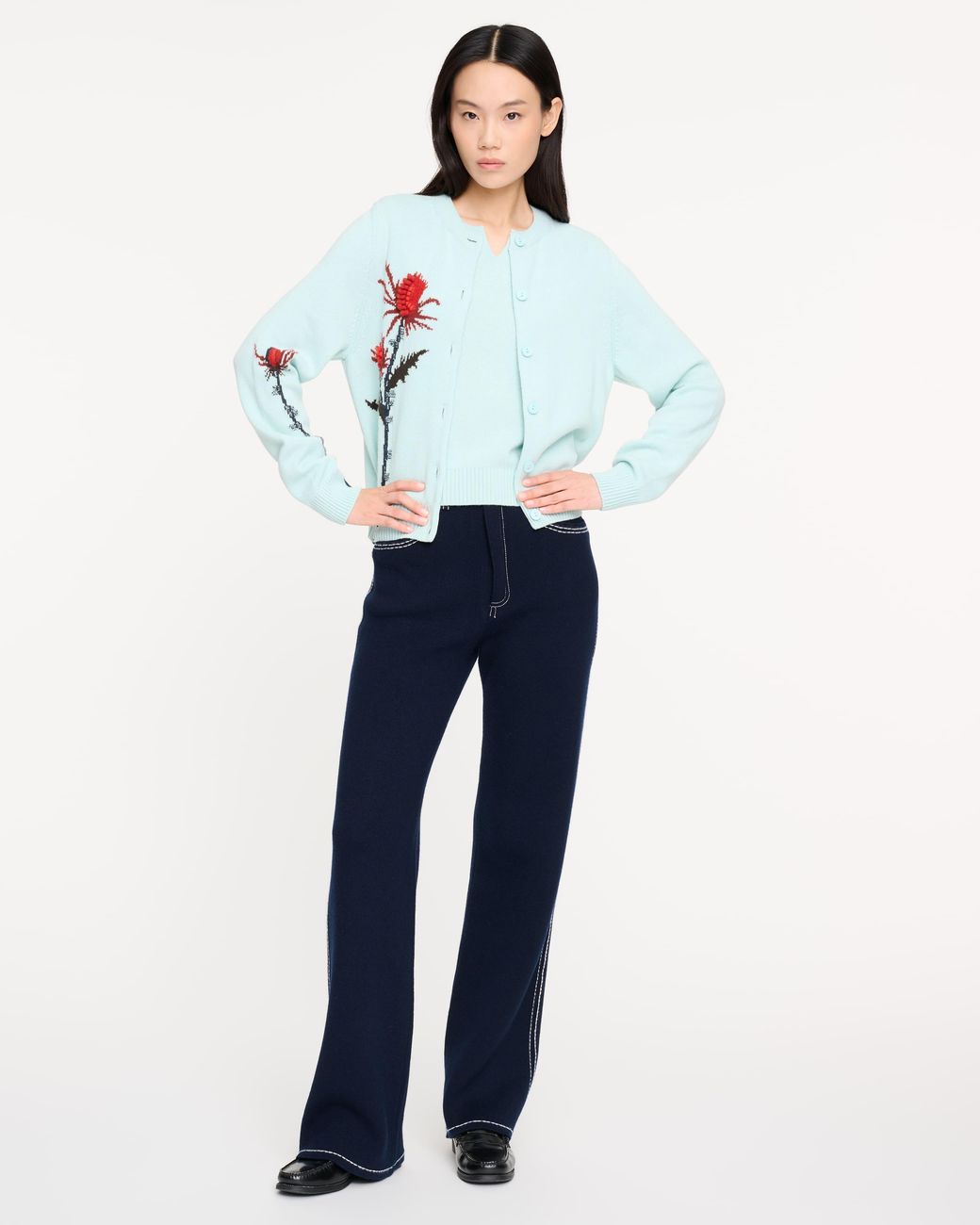 Barrie Blue Thistle Motif Cashmere Cardigan