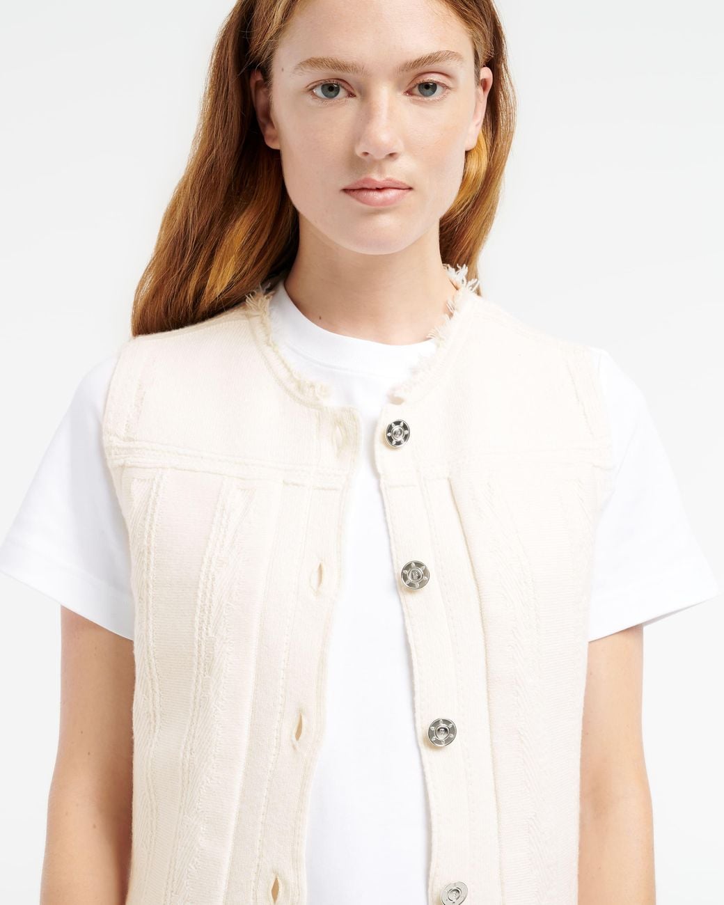 Barrie White Denim Fringed Cashmere And Cotton Sleeveless Jacket