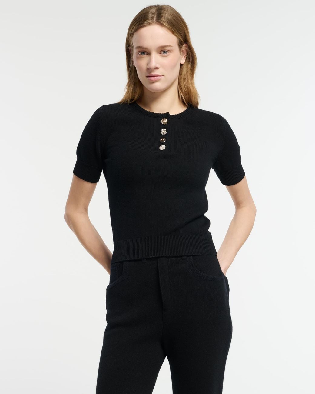 Barrie Black Cotton And Cashmere Top With Jewelled Buttons