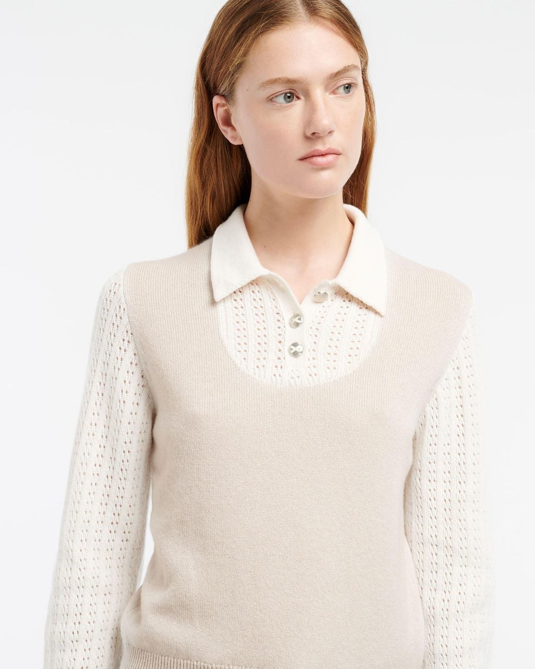 Barrie White Cashmere Lace Jumper With Polo Shirt Collar