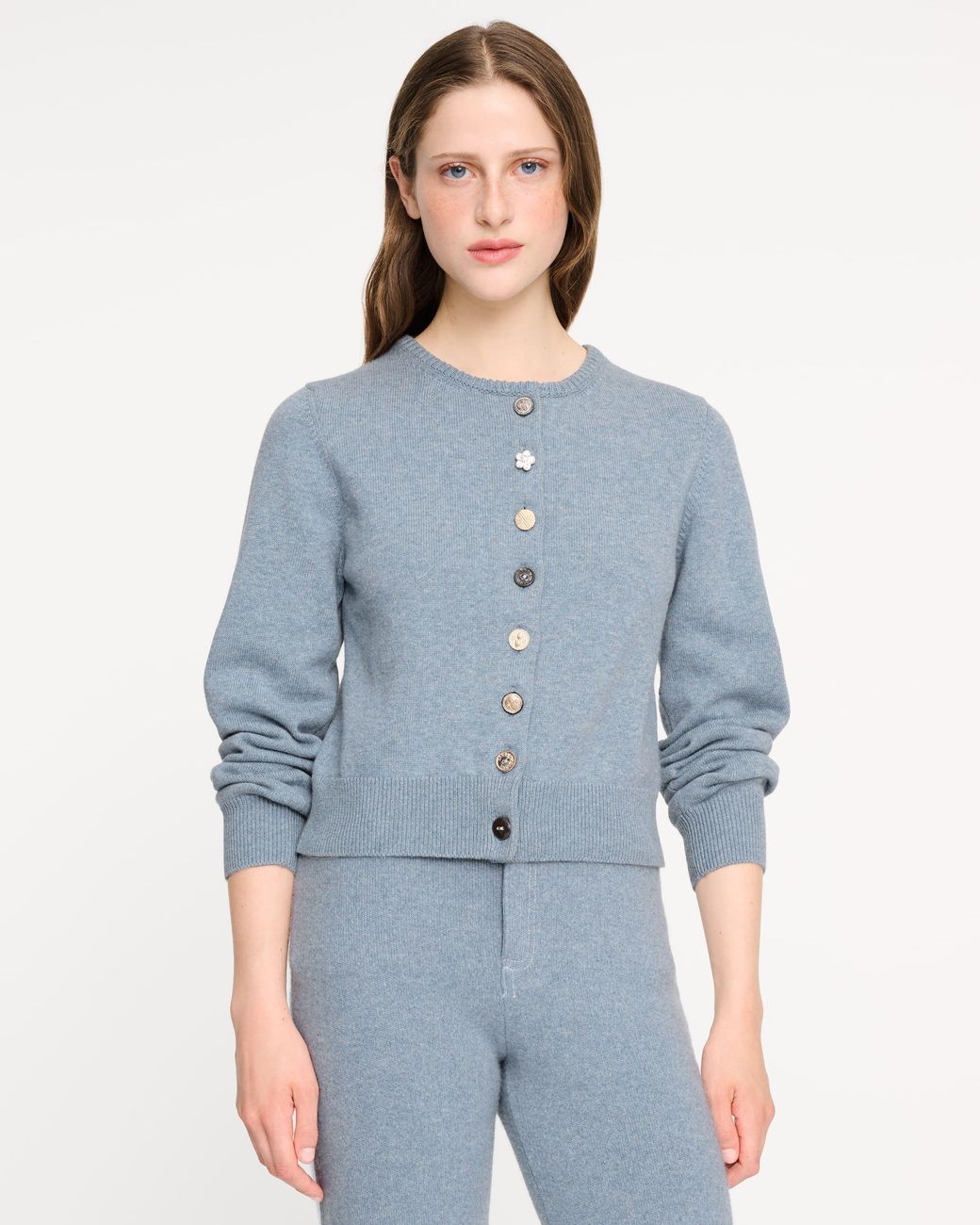 Barrie Blue Cotton And Cashmere Cardigan With Jewelled Buttons