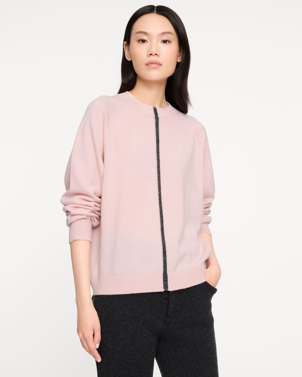 Barrie Pink Cashmere Round-Neck Sweater With Graphic Line