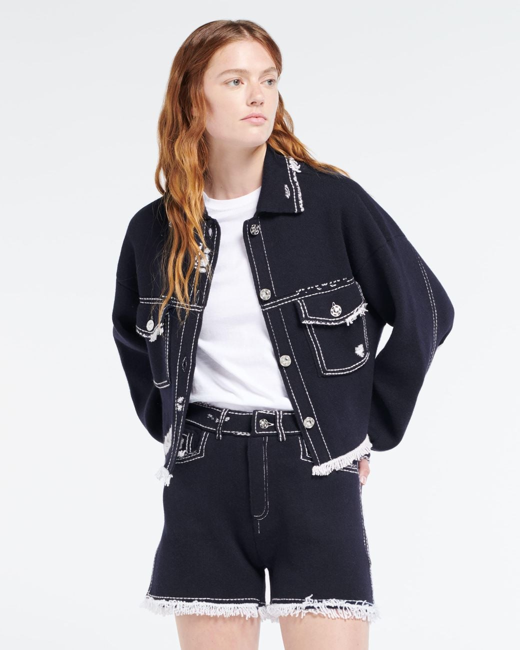 Barrie Blue Denim Fringed Cashmere And Cotton Jacket